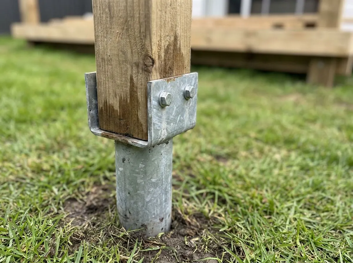 Six by six wood post held in a galvanized U-shaped saddle bracket on top of a steel pile.