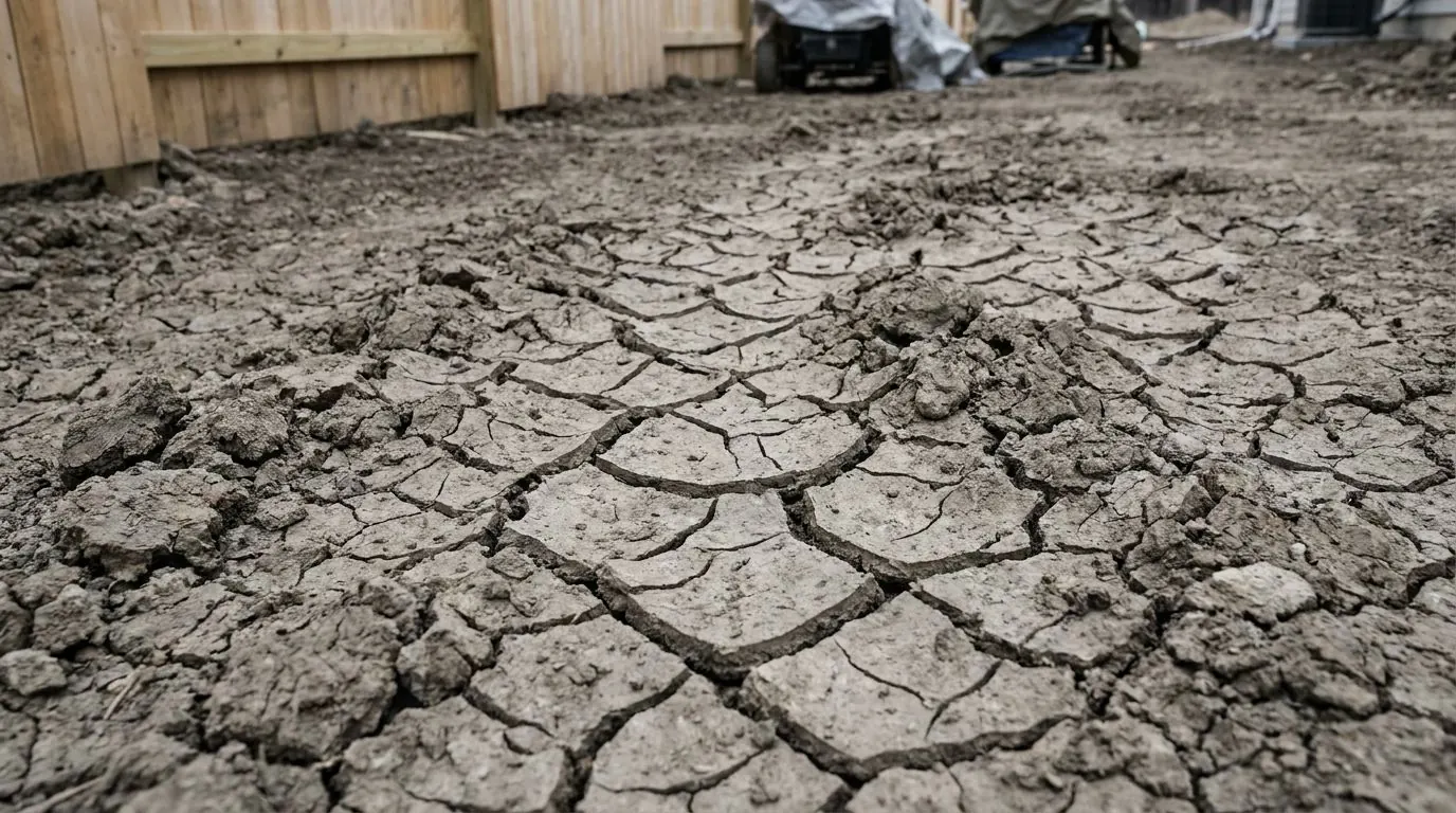 Heavy bare clay ground split by deep shrinkage cracks following dry weather.