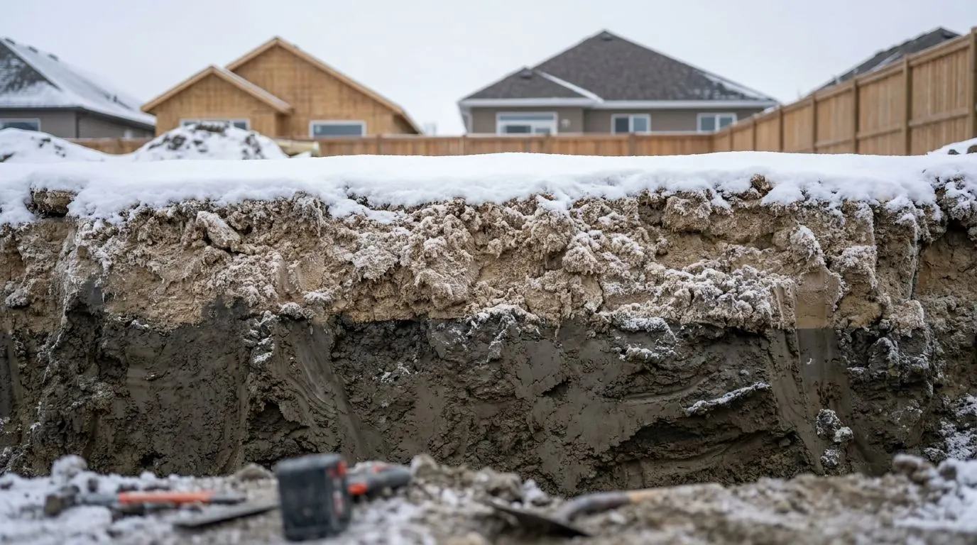 Cross-section of Alberta ground with a frozen top layer sitting over clay that has not frozen.