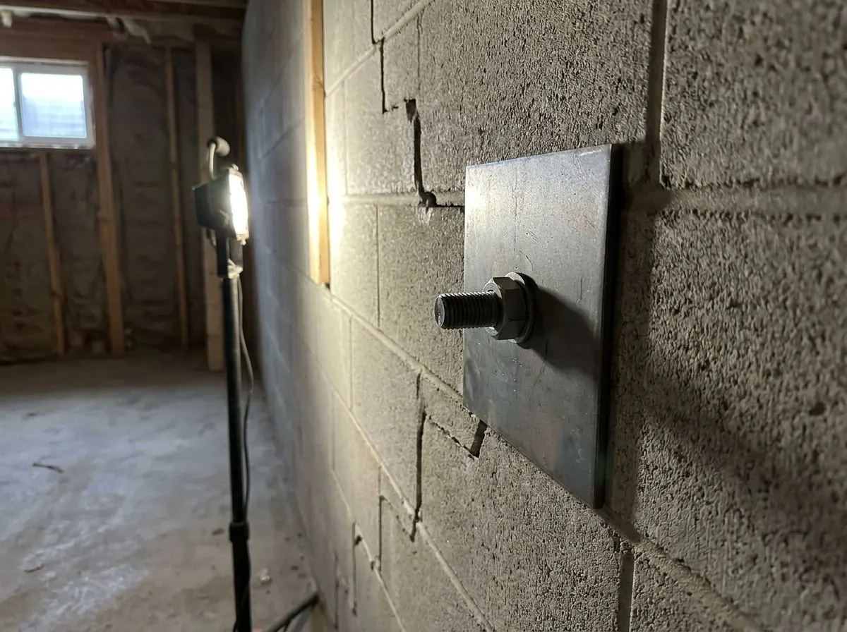 A square steel anchor plate flush on a concrete block basement wall, held by a single nut on a short threaded rod end, with a stepped mortar crack behind it.