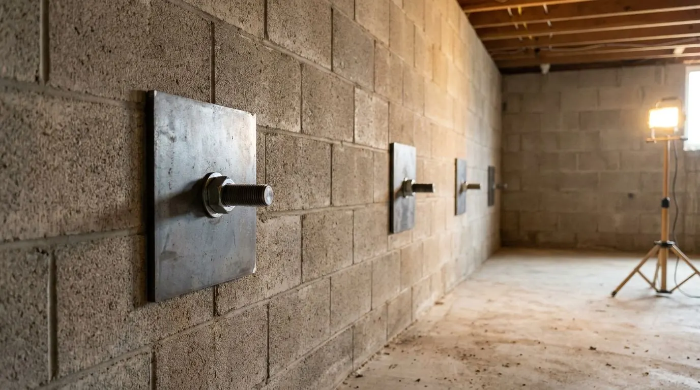 Three evenly spaced steel plates on an unfinished basement wall, each fastened with one nut on a short threaded rod end.