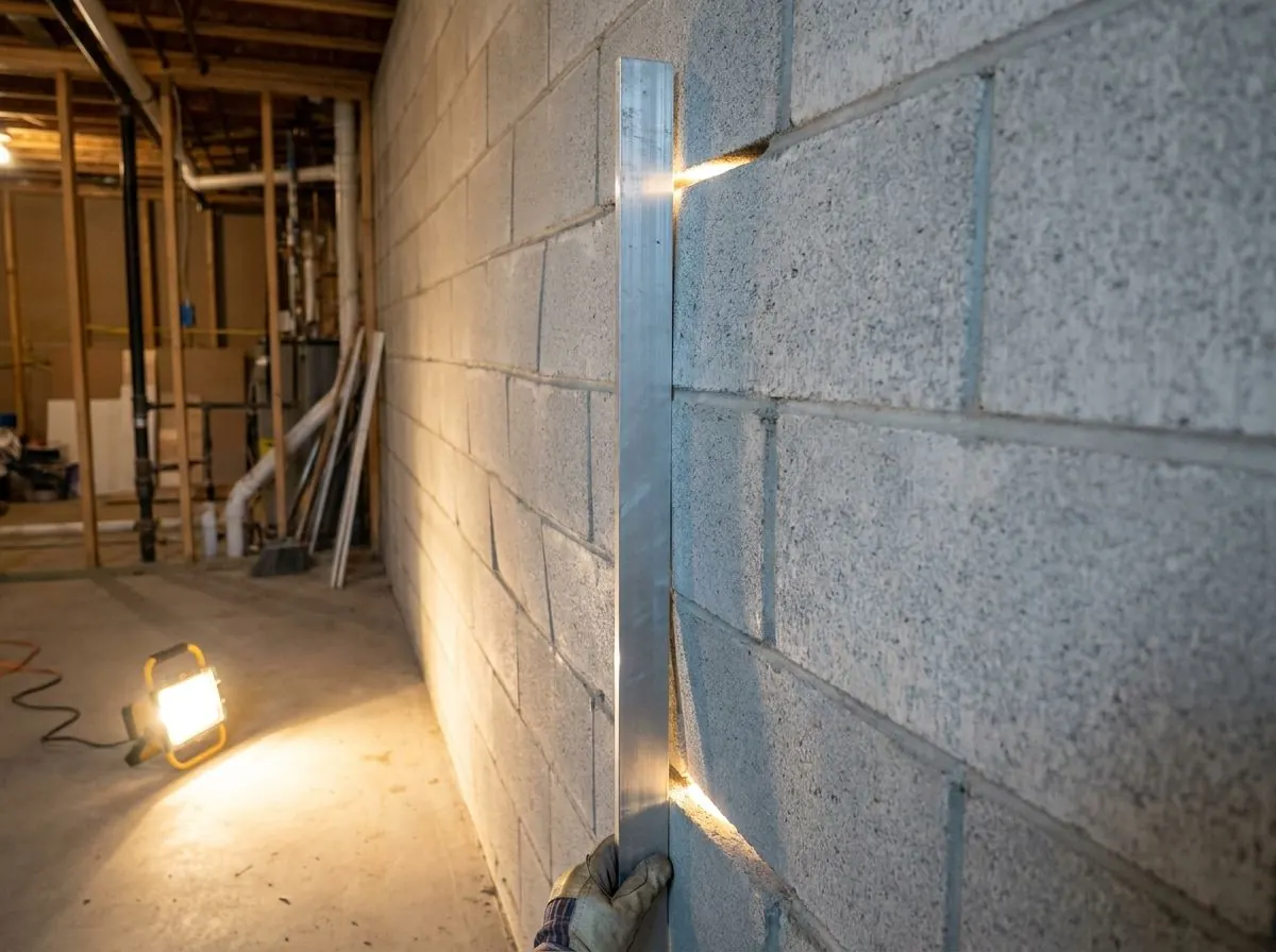 An aluminium straightedge stood upright against a block basement wall, touching the wall at mid-height with open gaps at the top and bottom where the wall bows inward.