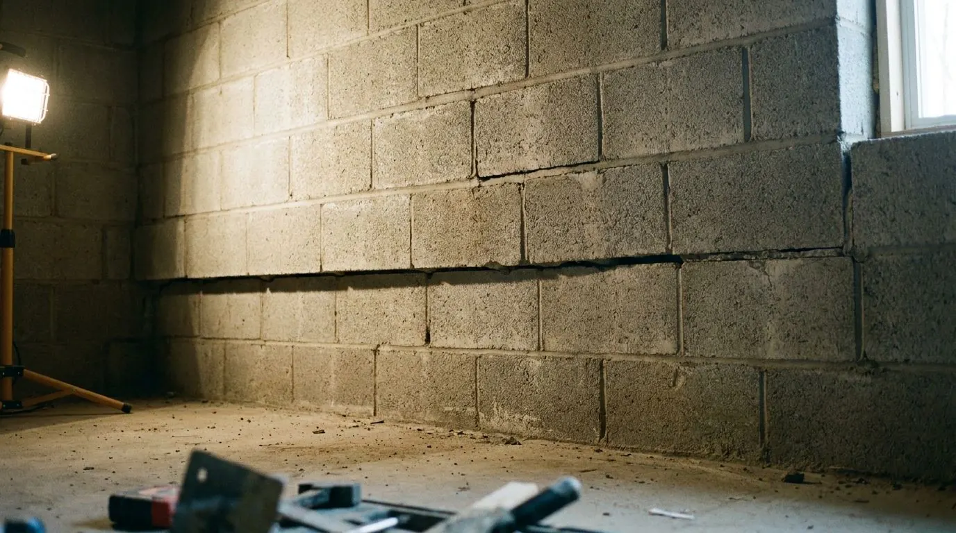 Concrete block basement wall with a long crack following a mortar joint about halfway up, the upper courses pushed slightly out past the lower ones.