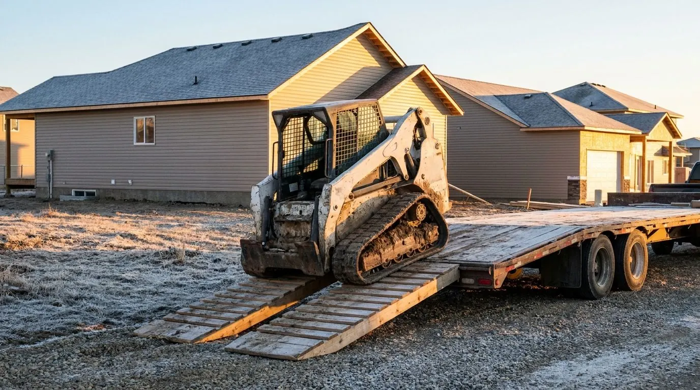Compact track loader coming down the ramps of a flat-deck trailer at dawn on a new-subdivision lot.