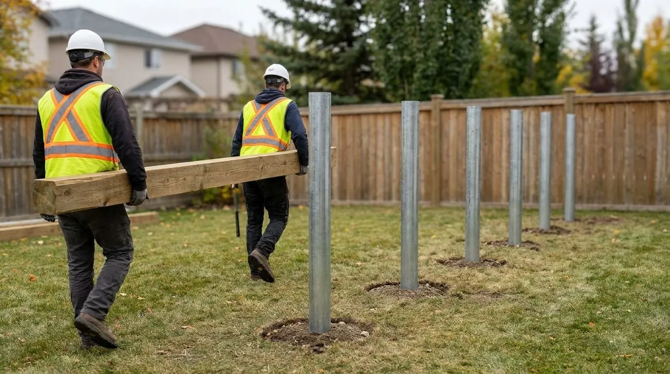 Two workers wearing hard hats and hi-vis vests carrying a wood beam toward a line of galvanized pile heads in a backyard.