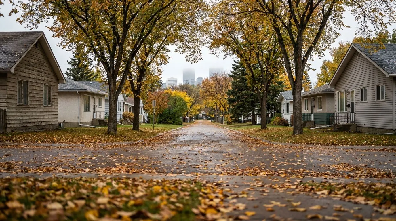Tree-lined Calgary street of post-war bungalows, the downtown towers faint in the distance.