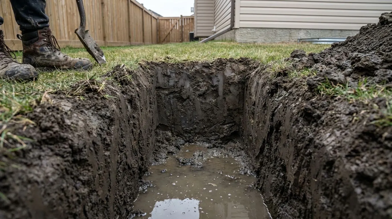 Shallow test pit with water collected at the bottom, a sign of a high water table.