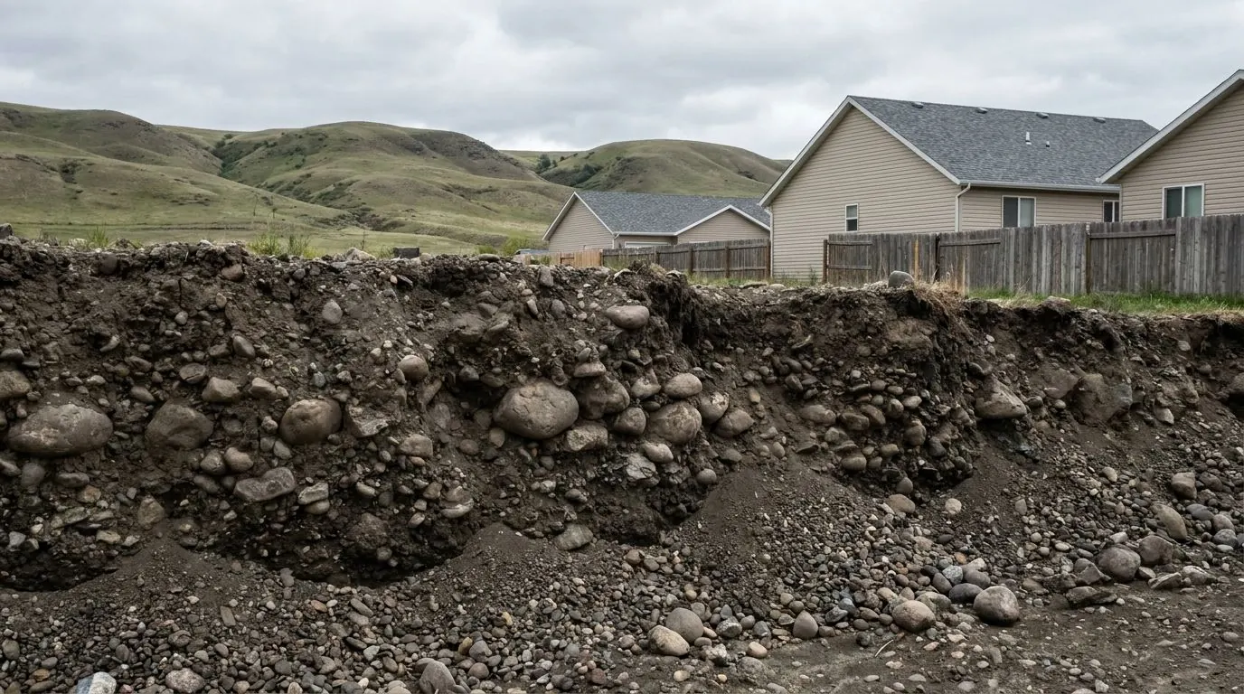 Bank cut open to reveal tightly packed glacial till with many large rounded cobbles.