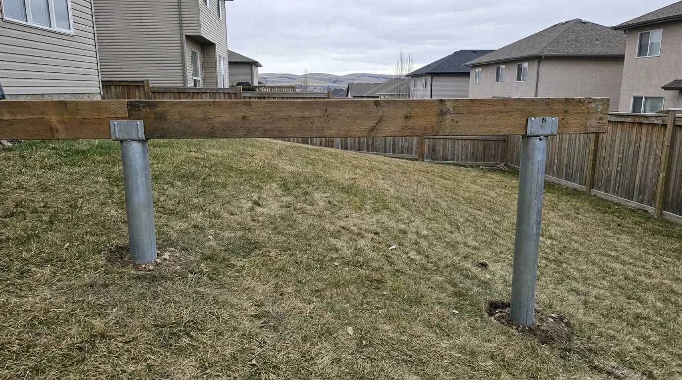 A level deck beam on a sloped Cochrane back yard, carried on two galvanized steel piles with bracket plates.