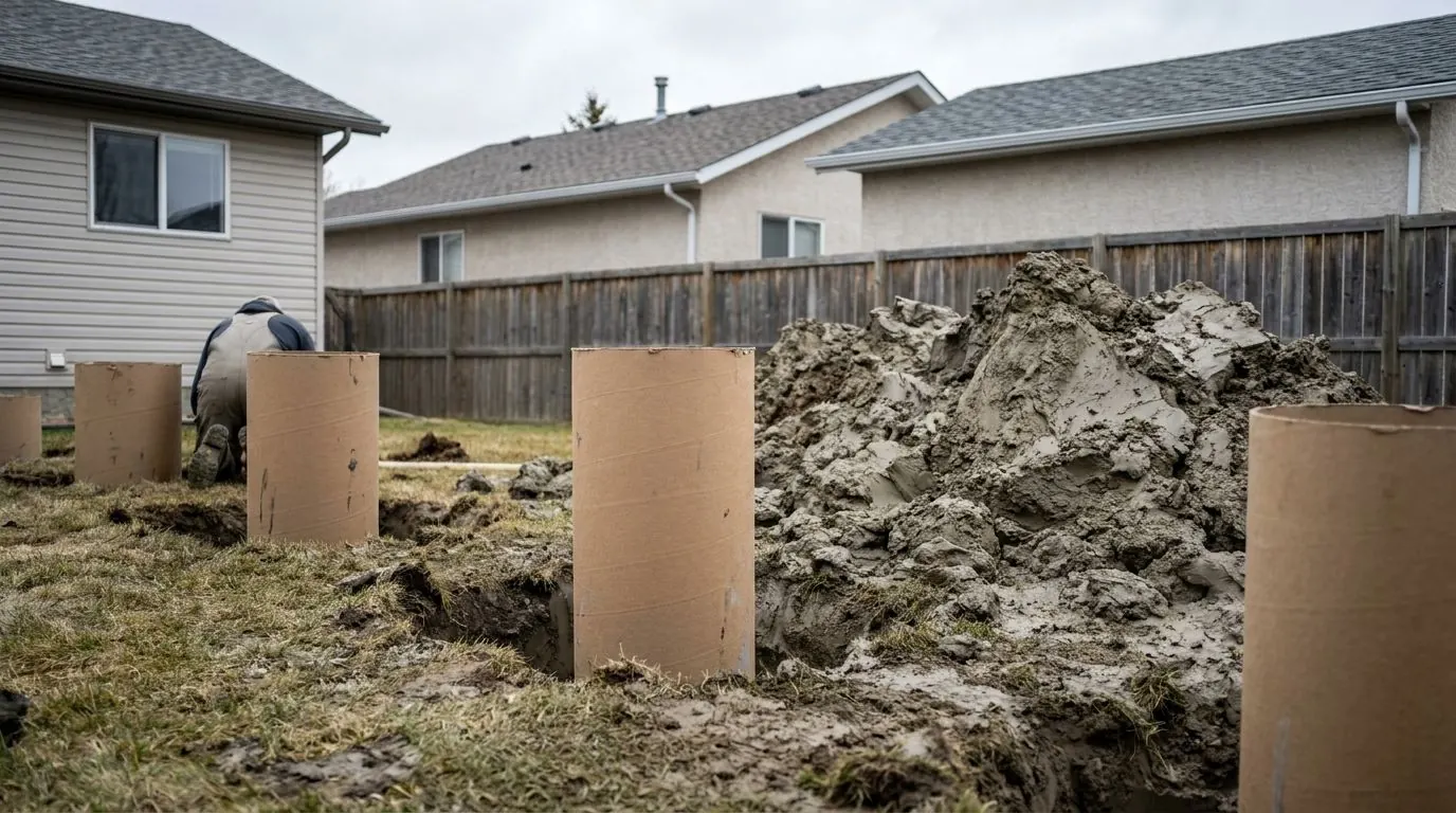 Cardboard form tubes set into dug holes, a mound of excavated soil beside them.