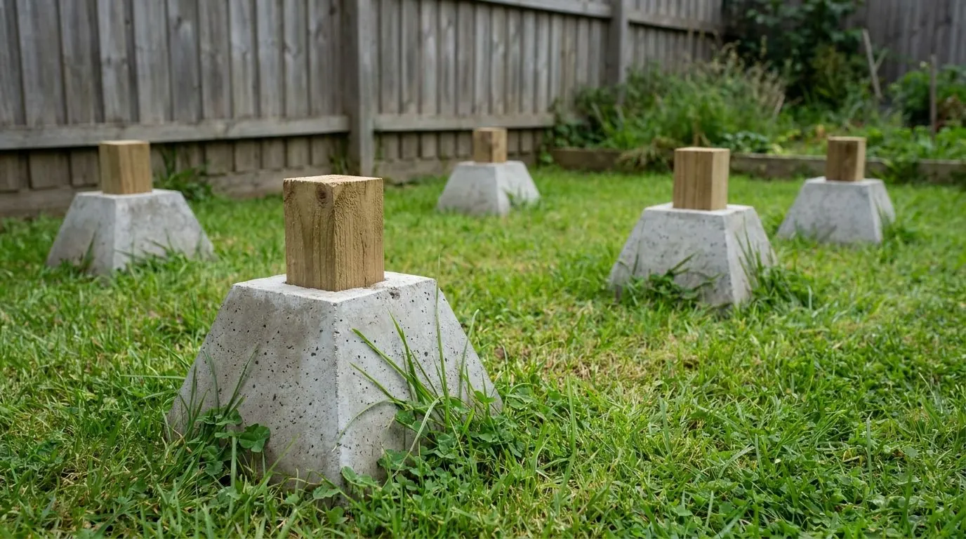 Four precast concrete deck blocks shaped like pyramids resting on grass, a short wood post sitting in the top slot of each.
