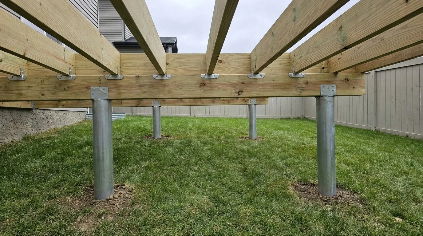 New wood beams and joists fastened to galvanized pile brackets, with the lawn below left undisturbed.