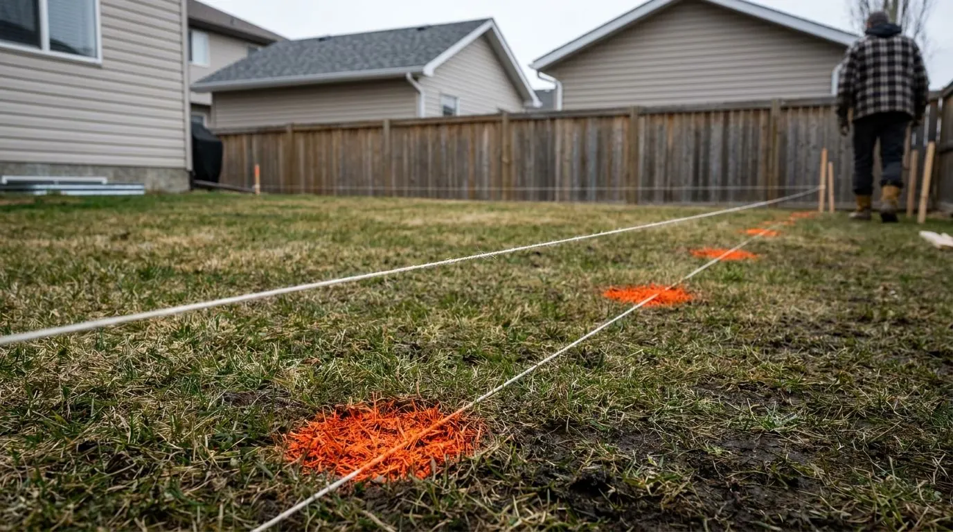 Tight mason's lines staked across a backyard lawn, orange paint dots marking six pile locations spaced wide in two rows.