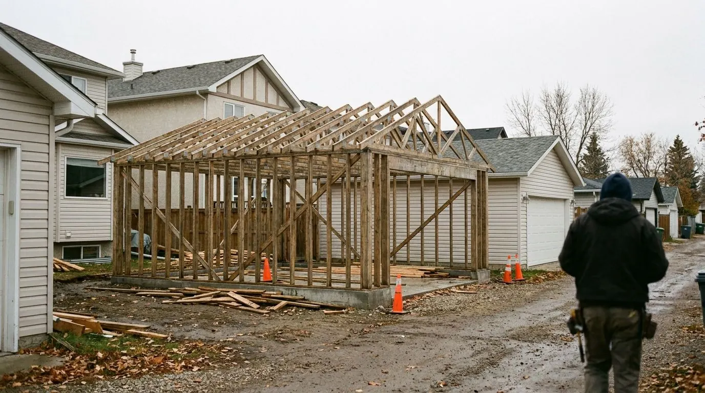Wall framing and roof trusses in place on a new detached garage that sits on a concrete grade beam, a back lane and leafless trees behind.
