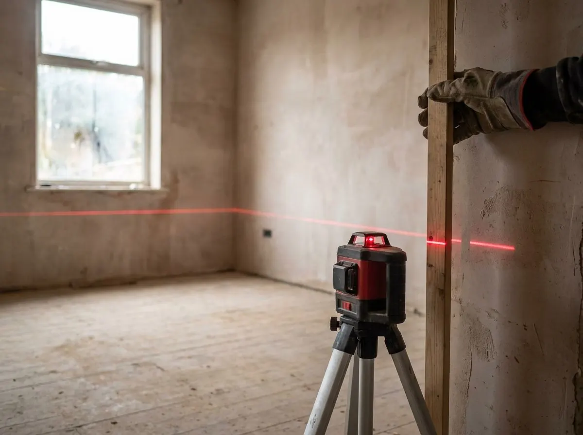 Red beam from a tripod-mounted rotary laser crossing a bare subfloor, a levelling staff propped on the wall of an empty room.