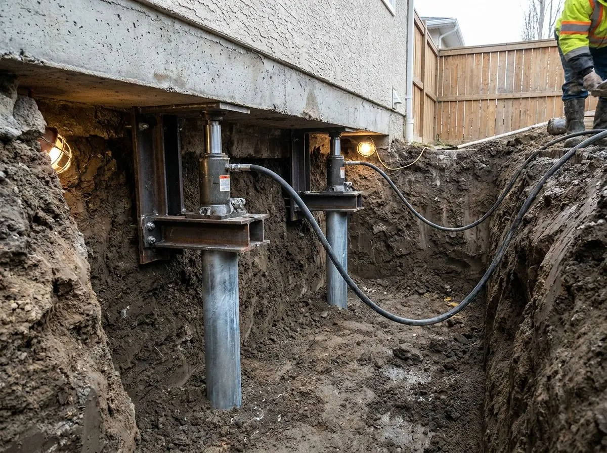 Hydraulic rams set on steel pile brackets, lined up to raise a concrete footing that has sunk.