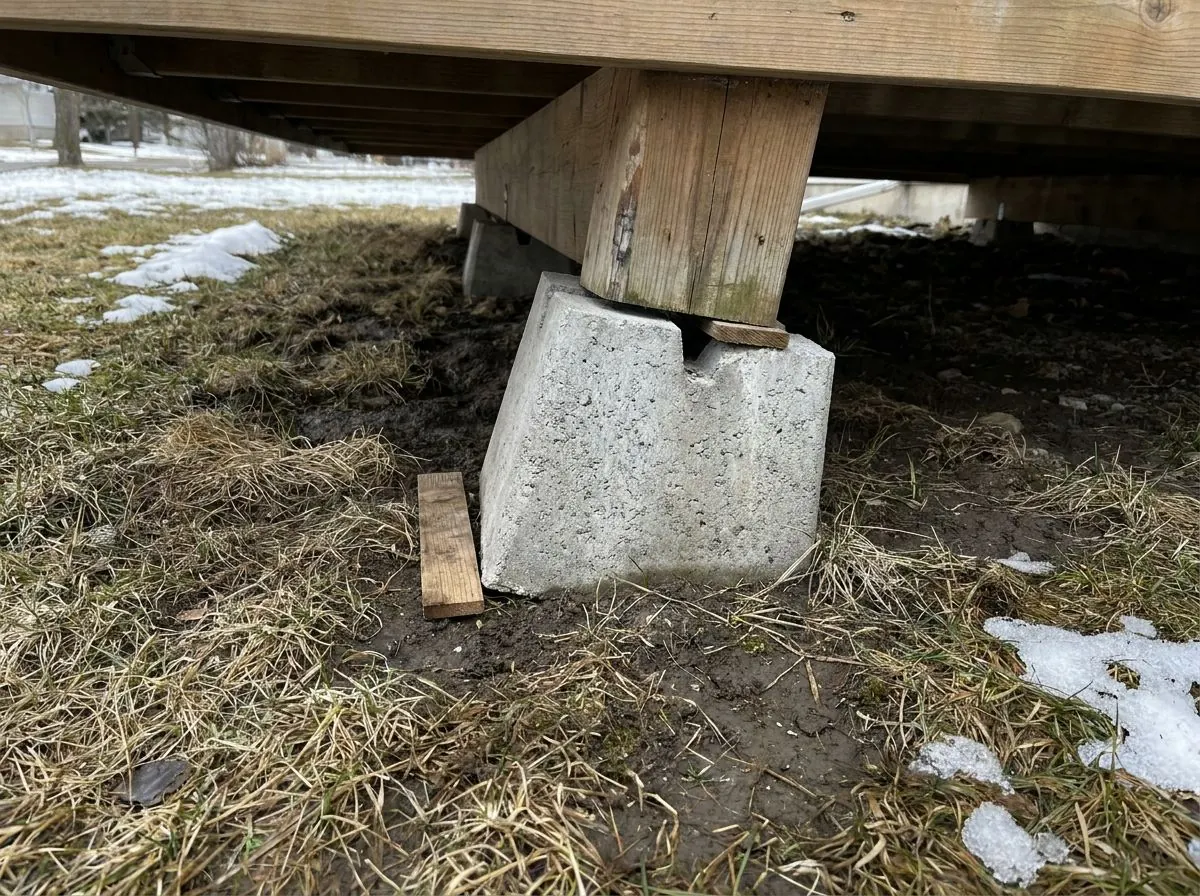 A precast deck block leaning out of level beneath a wood post, a wedge of open space showing between the two.