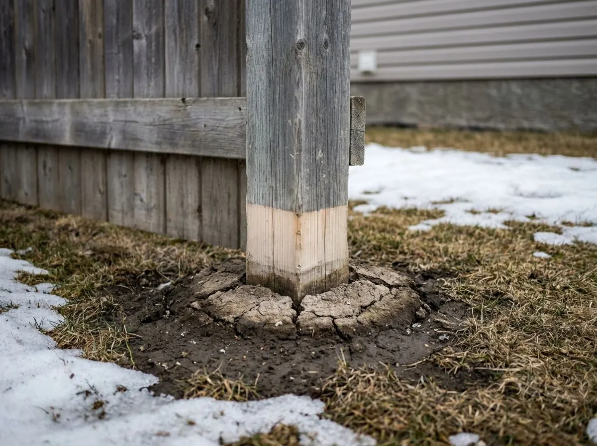 A wood fence post lifted by frost, a pale band of unweathered wood showing where it has risen out of the soil.