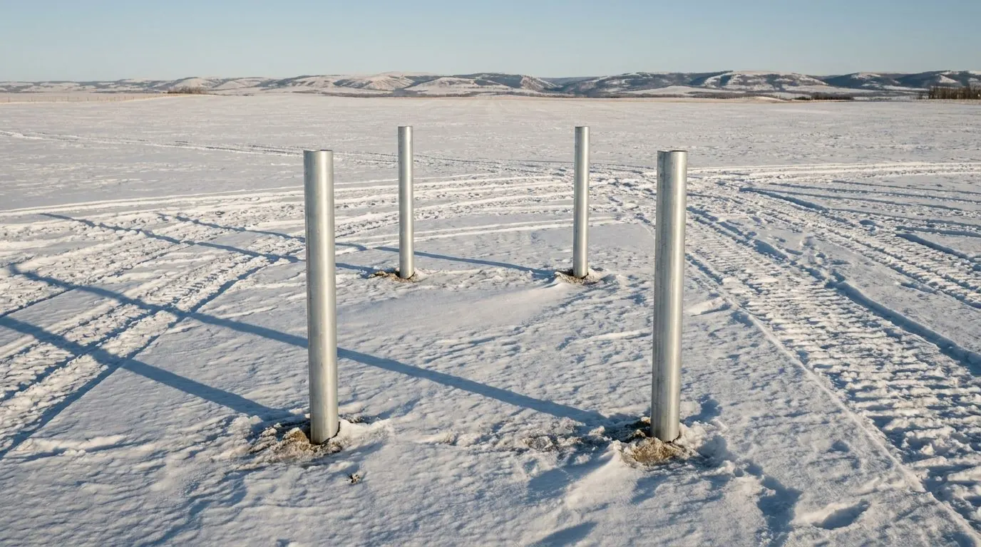 Machine track marks across hard frozen ground at a rural winter site.