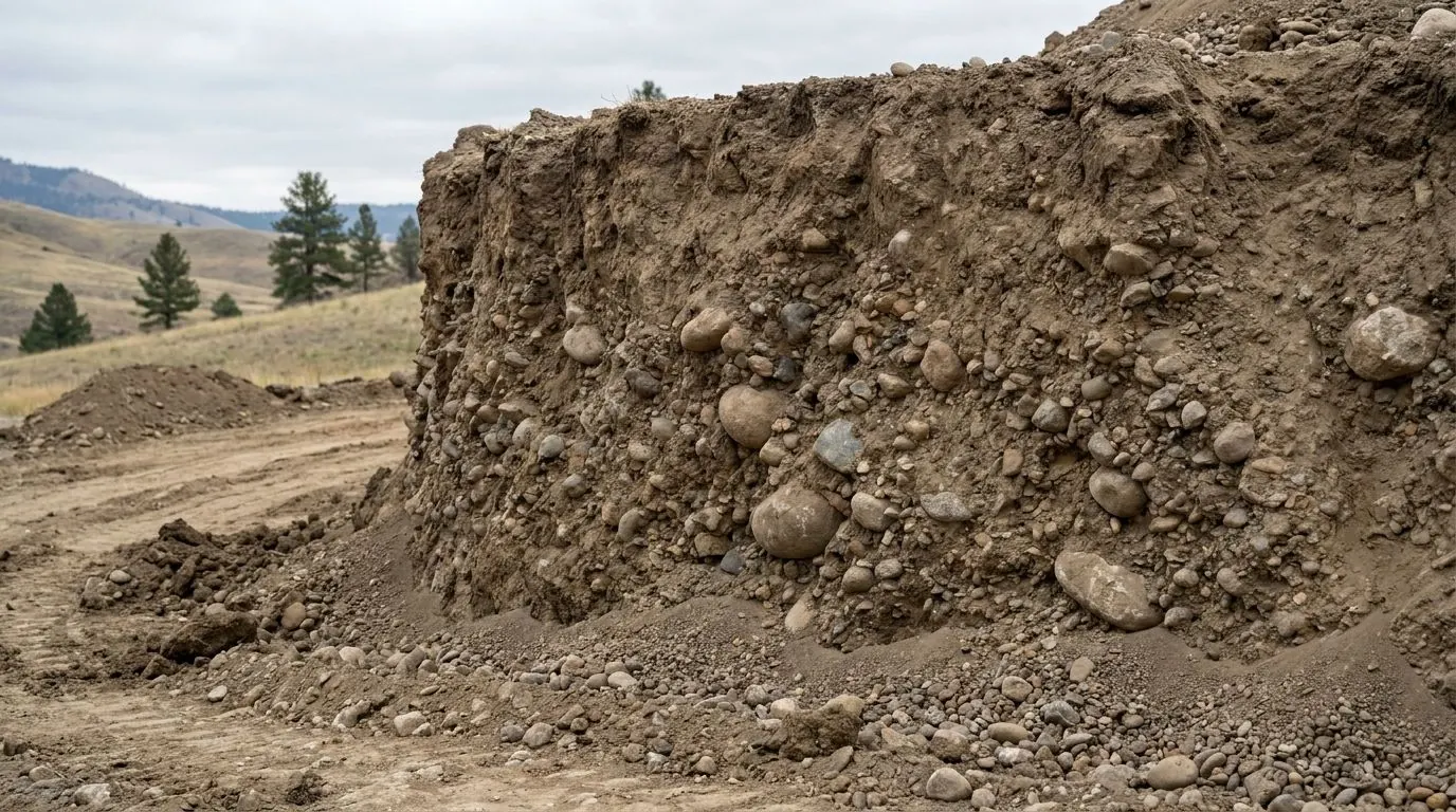 Exposed soil face west of Calgary showing dense glacial till full of big rounded cobbles.