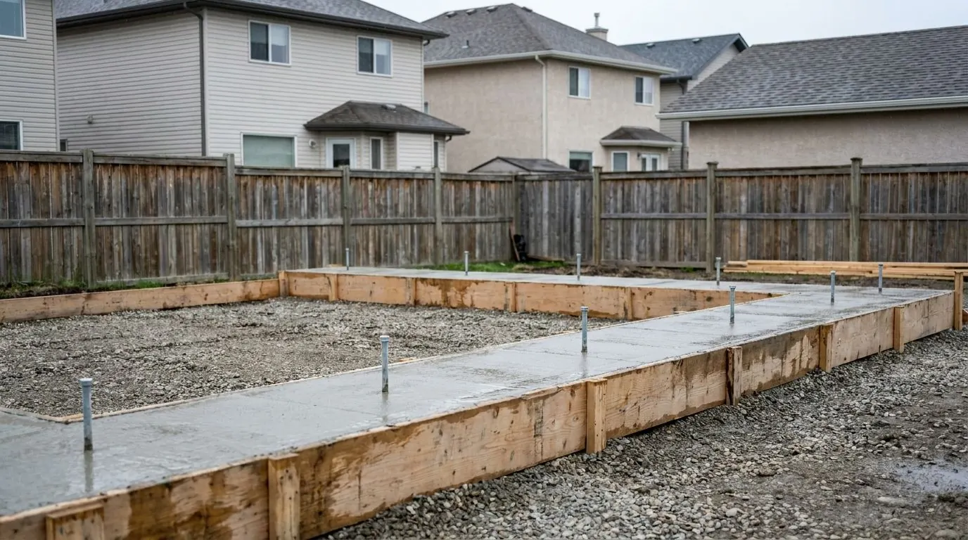 Freshly poured concrete grade beam still in its timber forms around a detached-garage pad.