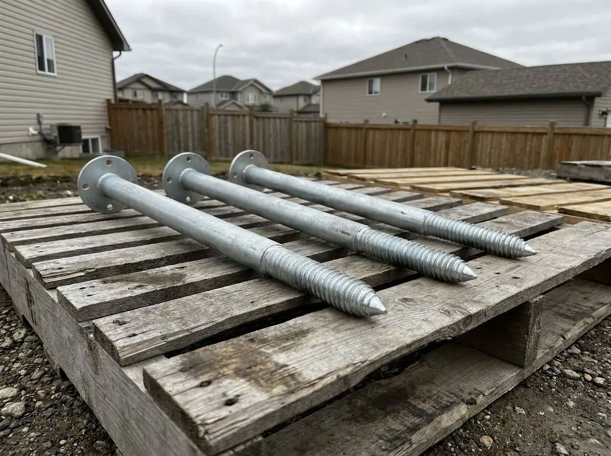 A few small light-duty ground screws of the kind sold for fence posts and small decks, lying on a wooden pallet.