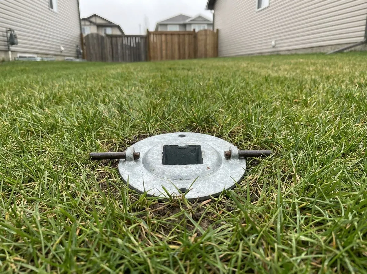 Looking down on a small ground screw turned into a lawn, only its round flange top showing with a steel bar through it.