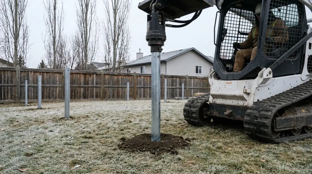 Next to a timber fence, a skid steer on tracks turns a galvanized helical screw pile into the soil while the grass around it stays untouched.