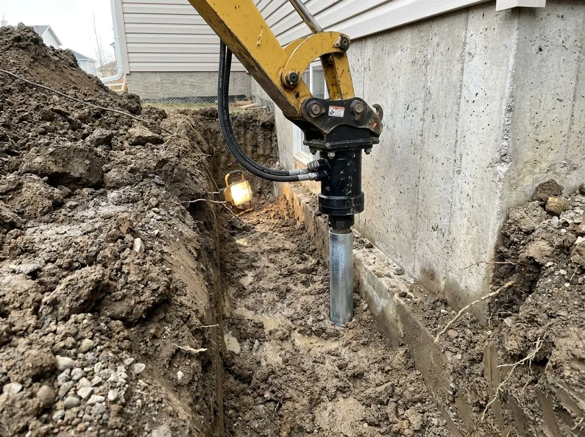 A hydraulic drive head turning a steel pile down into the floor of a narrow pit dug beside a house foundation.