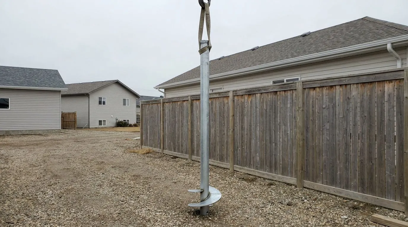 A galvanized helical pile hanging from a lifting strap, its plain shaft ending in a single pitched helix plate near the tip.
