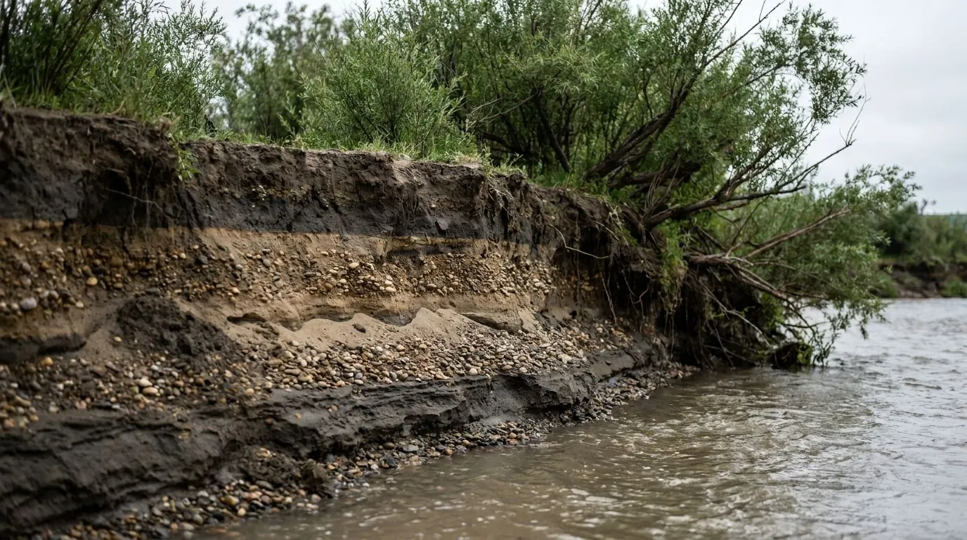 Eroded riverbank showing stacked layers of silt, sand and fine gravel.