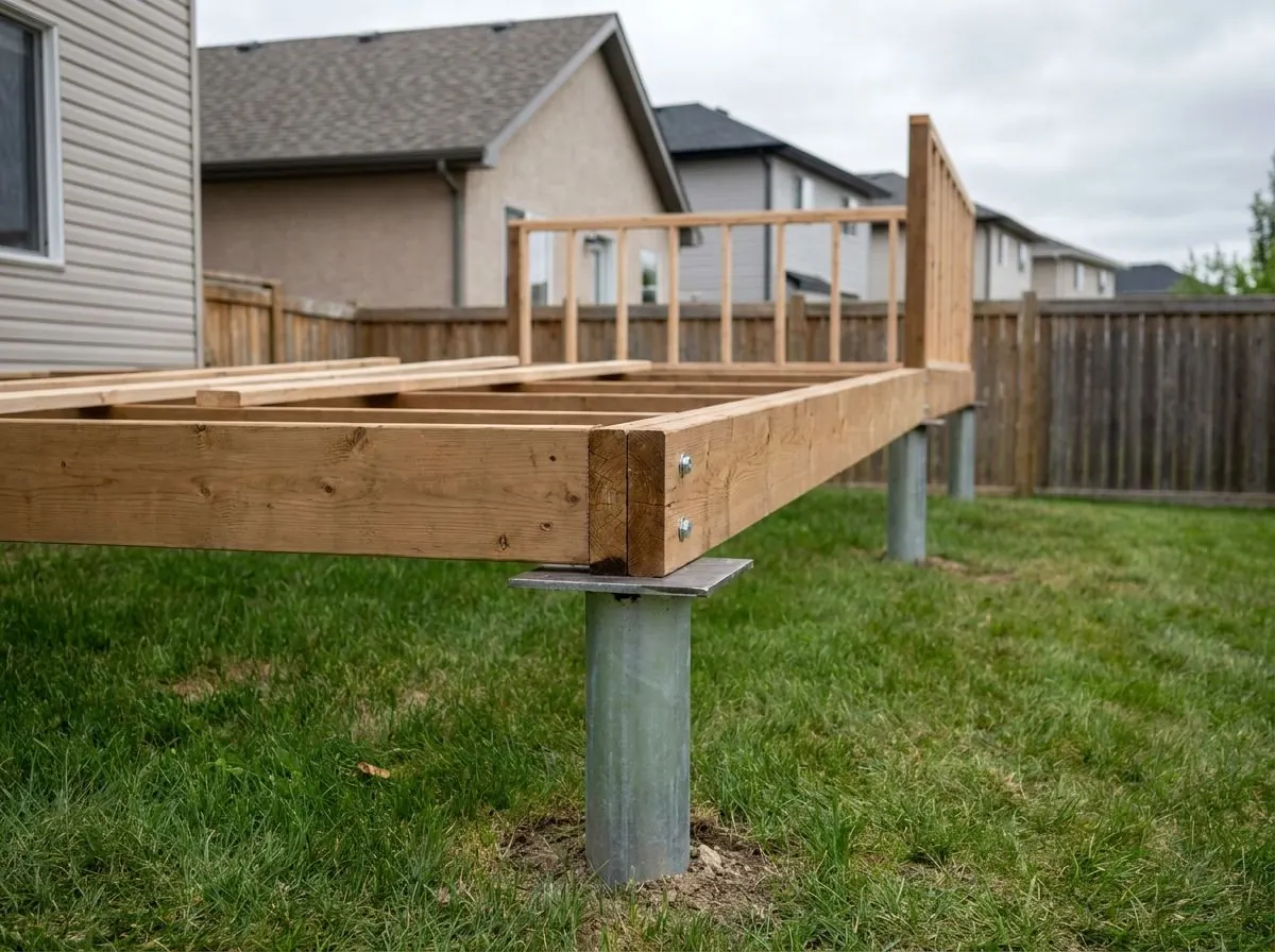 A doubled timber beam seated in a steel saddle on a short pile head, part of the extra support under a deck's hot tub bay.