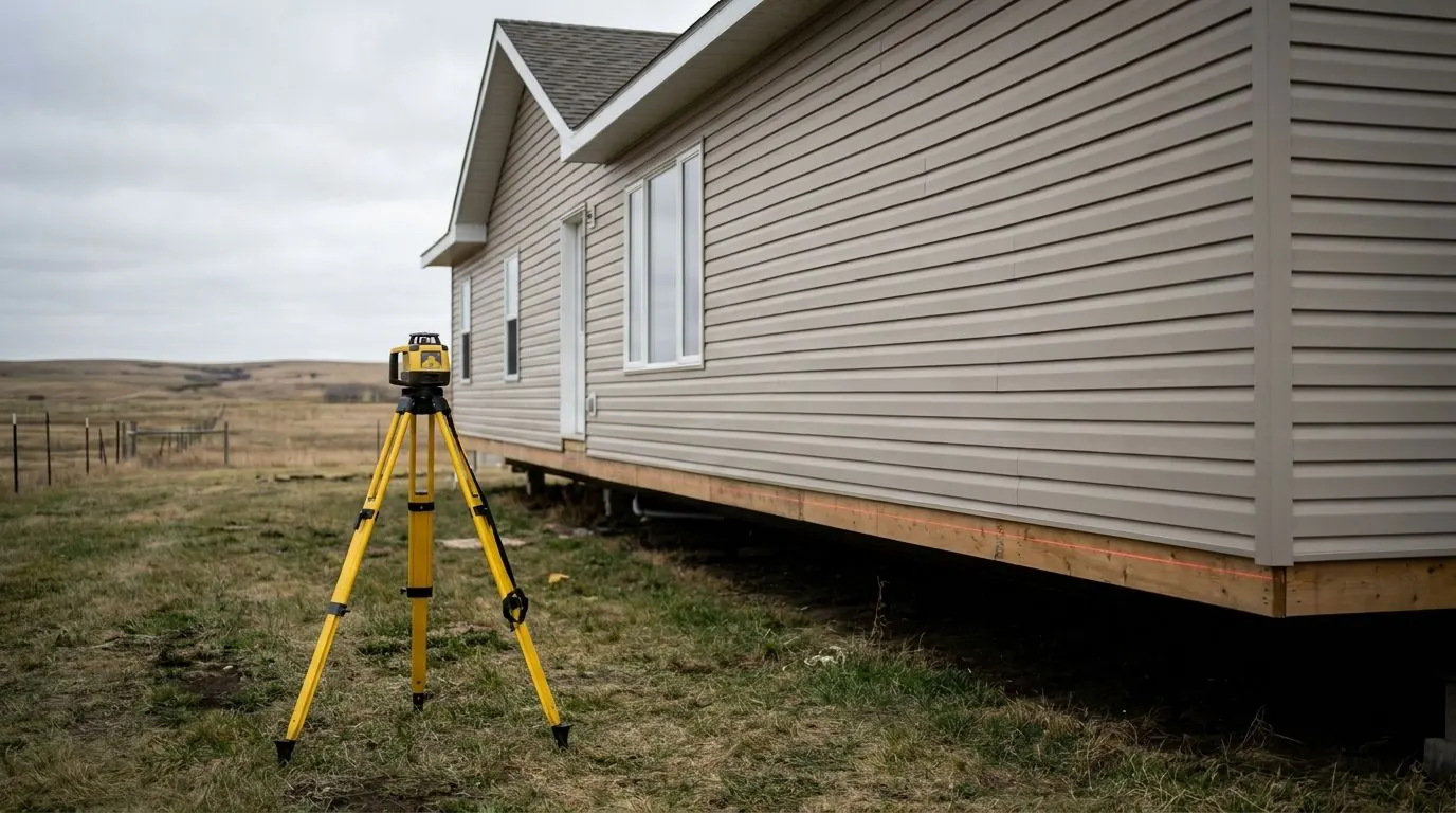 A rotary laser level on a tripod set up on the grass beside a modular home being levelled on its foundation.
