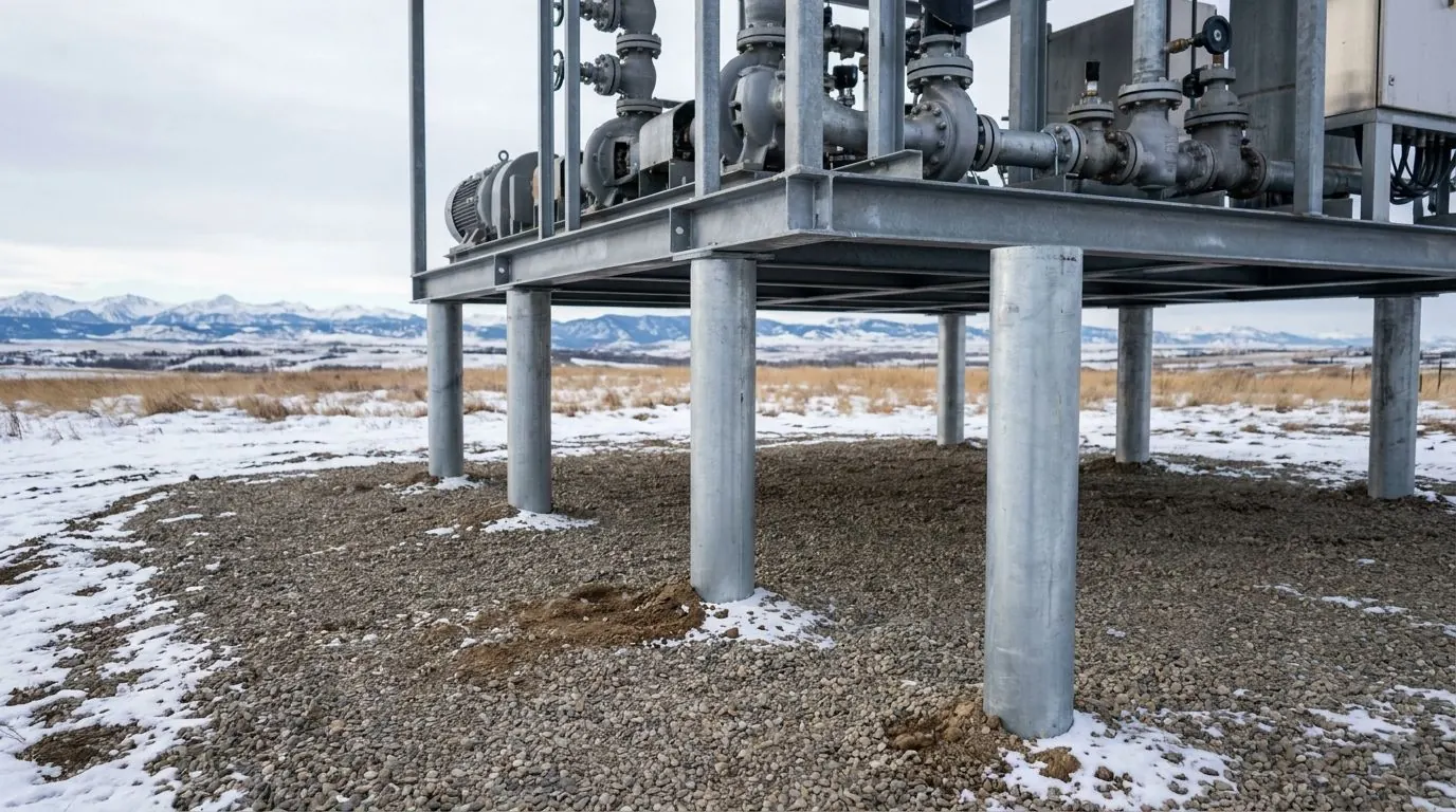 Industrial equipment skid set on steel pile supports on a gravelled Alberta lease pad.