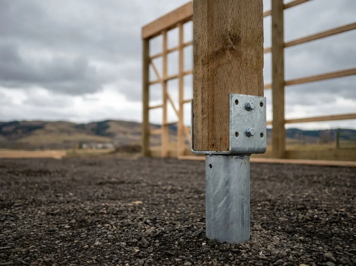 A timber shop post seated in a galvanized U-bracket on a short steel pile head, post-frame walls going up behind.