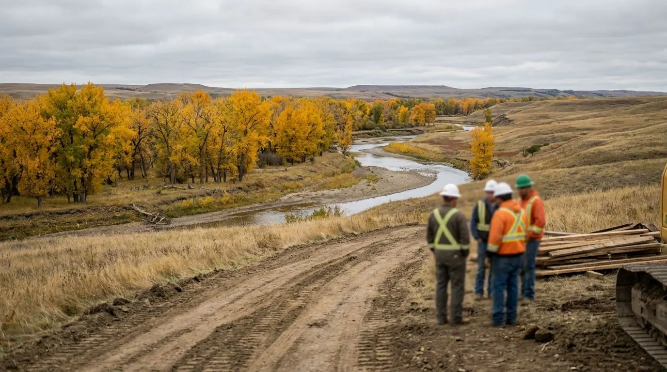 Gentle river valley lined with cottonwoods, rolling grassland rising on both sides.
