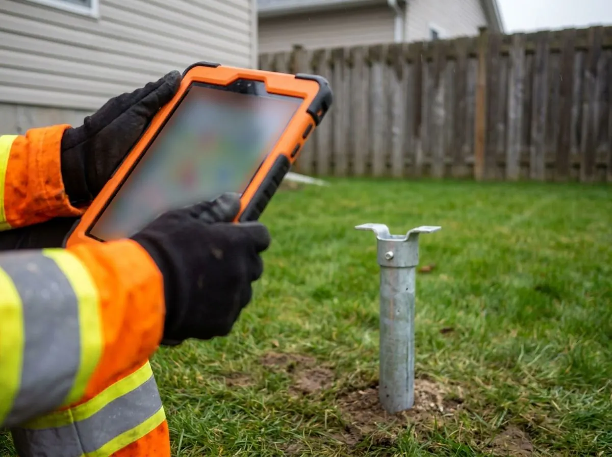 Gloved hands holding a rugged tablet beside an installed galvanized pile head during an as-built check.
