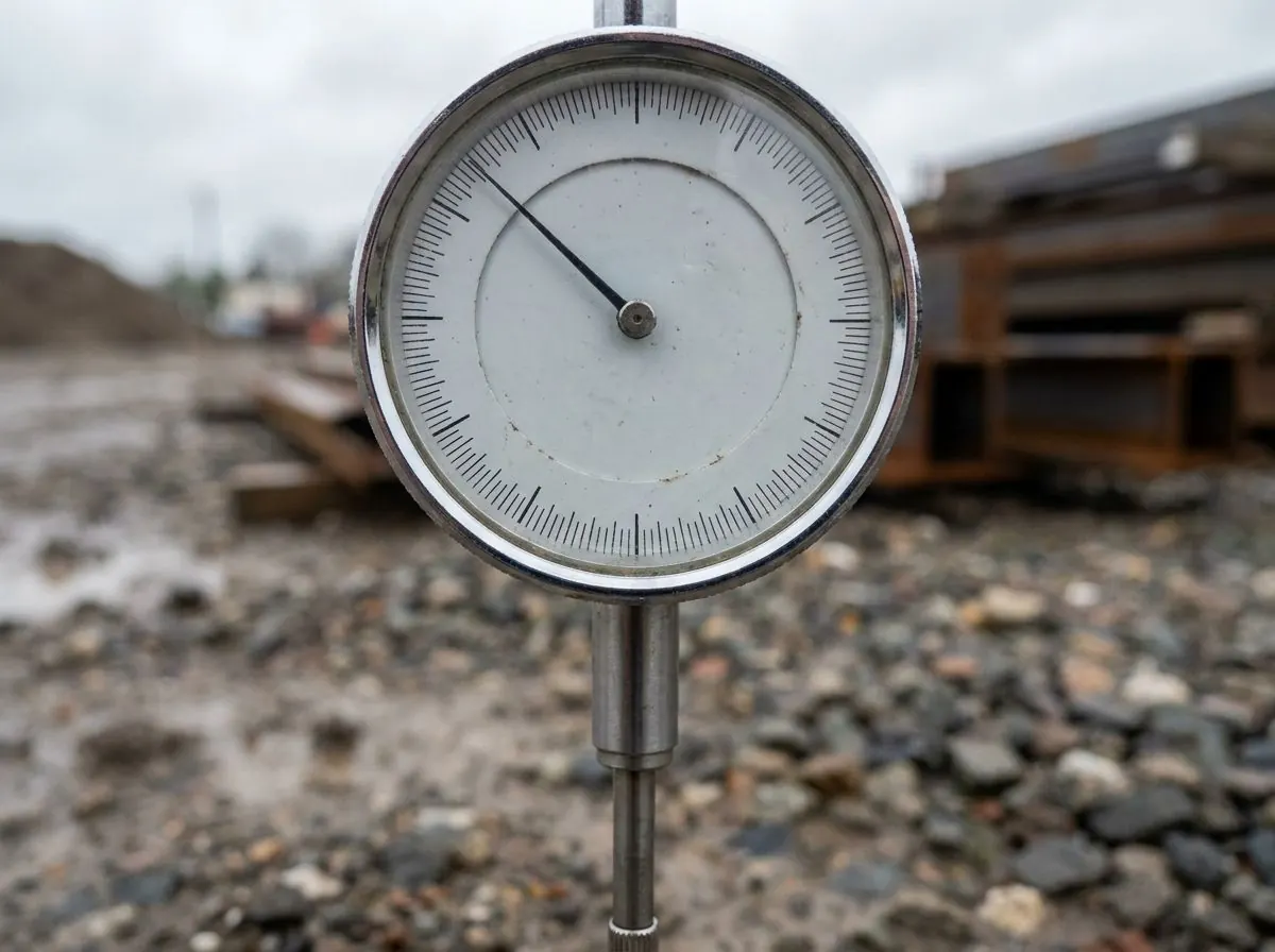 Close-up of a mechanical dial indicator of the kind used to measure how far a pile moves during a load test.