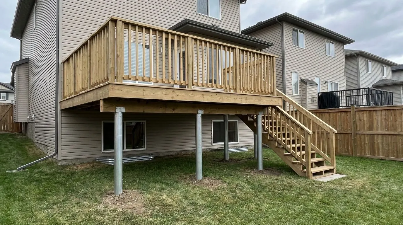 Elevated wood deck fixed to the rear wall of a two-storey home, stairs leading down to the grass and steel pile supports visible below.