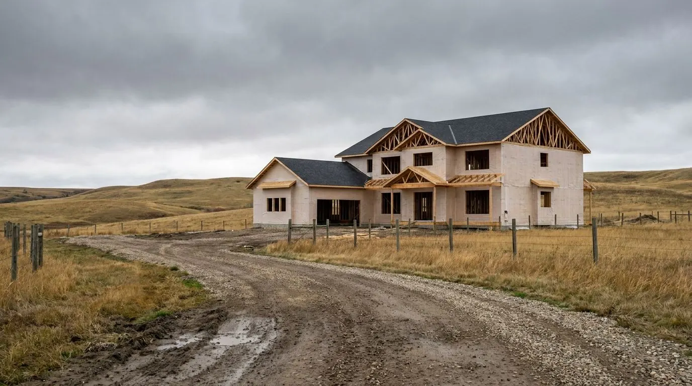 Large acreage house under construction at the end of a long gravel driveway, rolling foothills behind.