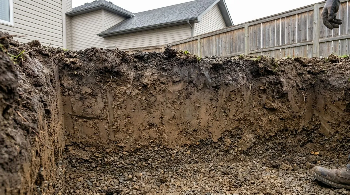 Test pit wall with topsoil, then clay, then gravel, all within roughly a metre of depth.