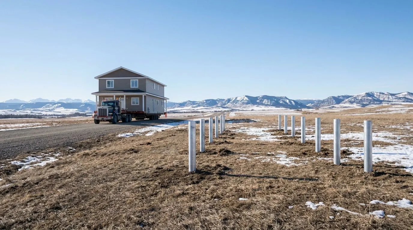 Ready-to-move house on a transport trailer pulling into an acreage that already has its pile foundation in.