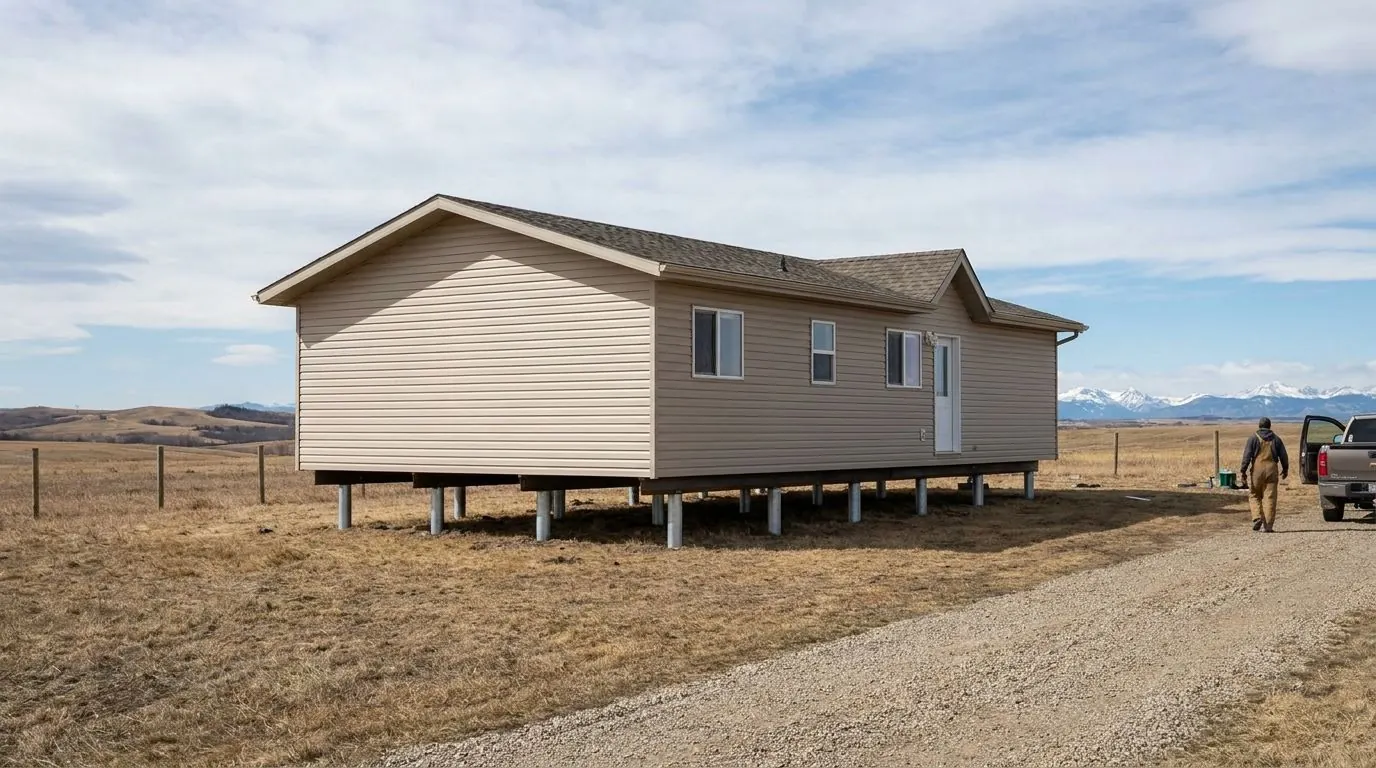 A ready-to-move house sitting level on galvanized steel piles, with no skirting yet so the supports underneath are visible.