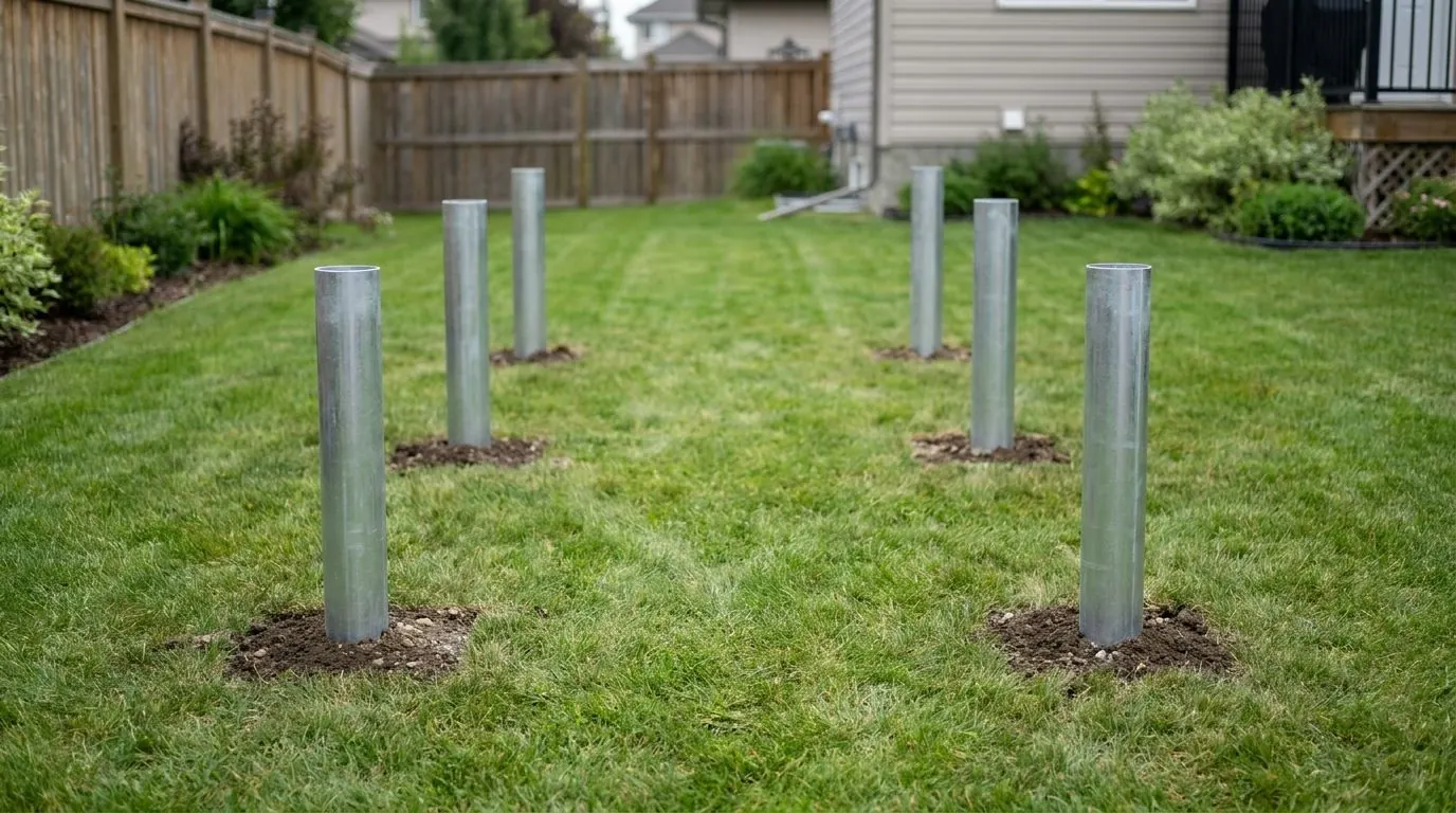 Five galvanized pile heads on a lawn left fully intact, with no digging and no spoil pile in sight.