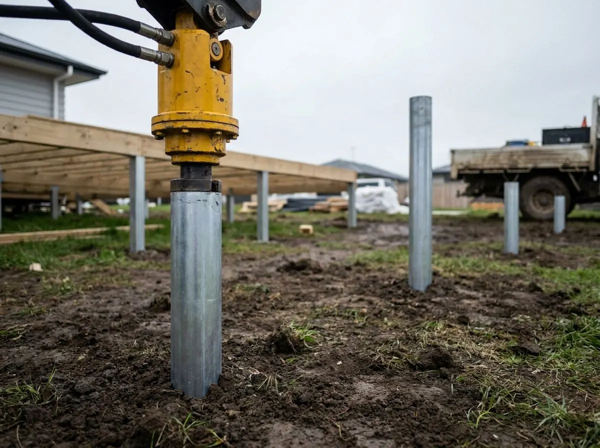 Excavator-mounted hydraulic drive head turning an upright galvanized pile into damp soil on a new housing lot, formwork and homes in the background.