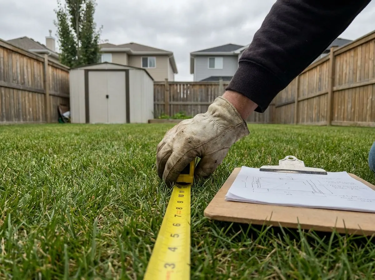 Tape measure pulled across a backyard lawn by a gloved hand, next to a clipboard with a hand-sketched yard plan.
