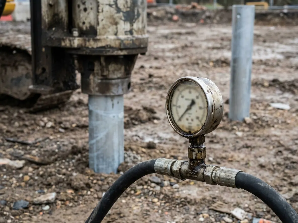 Analogue hydraulic pressure gauge fitted on a drive head line while a pile is being installed.