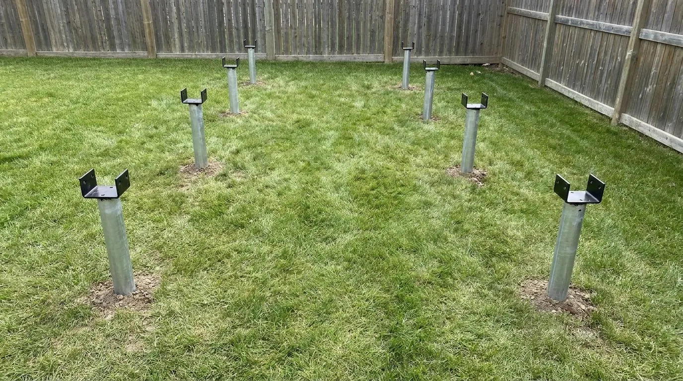 Two rows of galvanized pile heads on a backyard lawn, roughly 2.5 metres between each, every head capped with a black saddle bracket.
