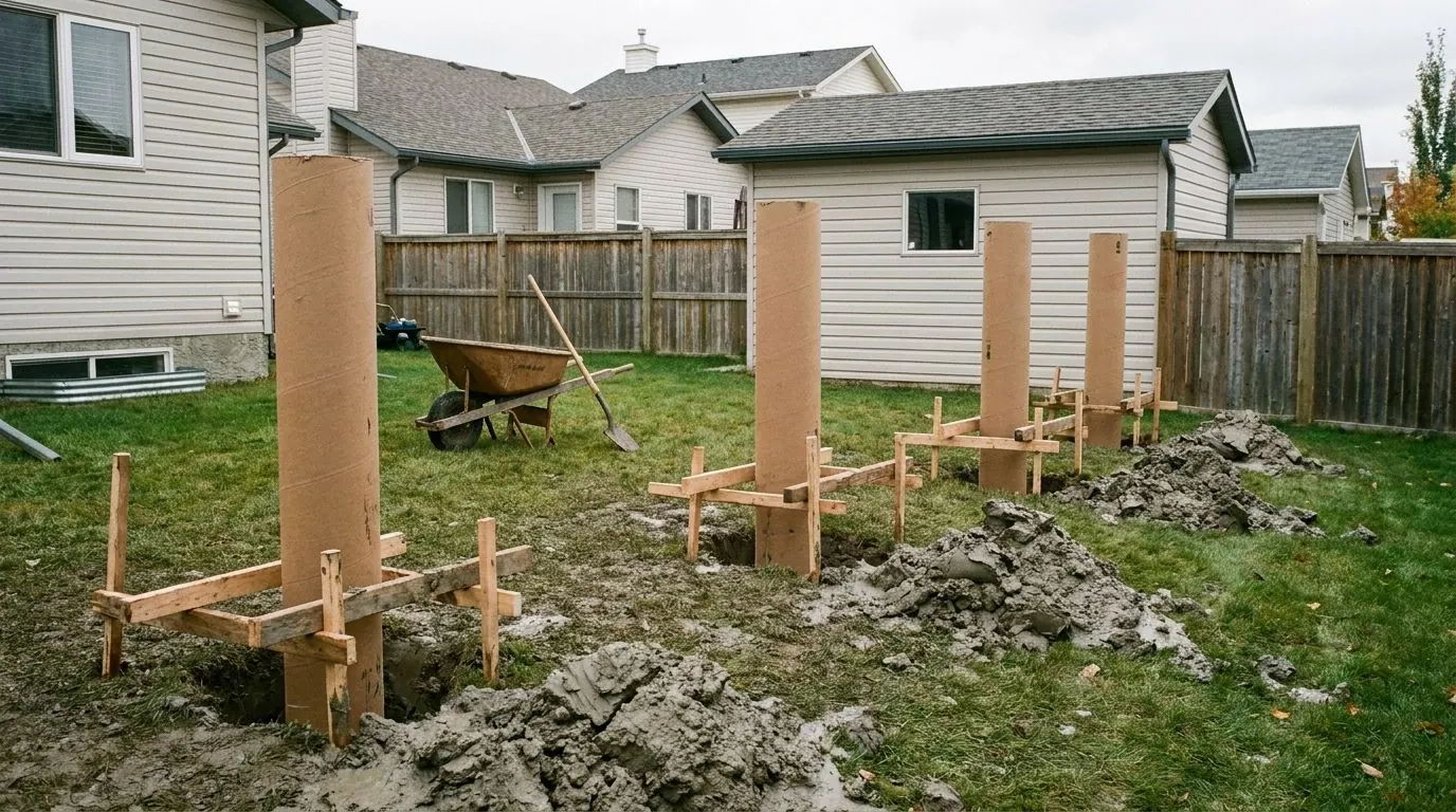 Cardboard tube forms in a line of augered holes across a yard, propped with scrap timber, a mound of dug clay next to every hole.