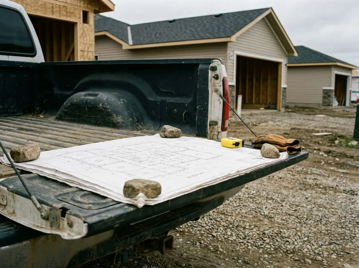 Pile foundation layout drawings held flat on a truck tailgate at a construction site.